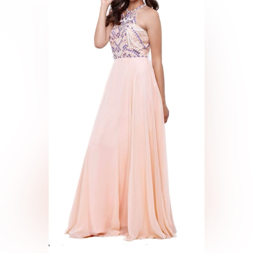 Nox Anabel Sleeveless Bejeweled Halter A-line Chiffon Dress